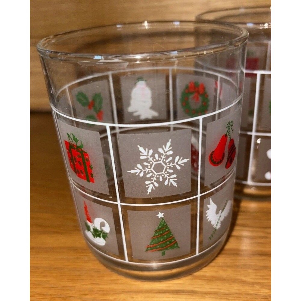 Vintage Libby Christmas Glasses Frosted Panel Low Ball 4" Whiskey Eggnog Set
